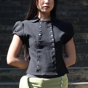 Caspar the Label Poet Puff Sleeve Black Linen Size Medium in Black